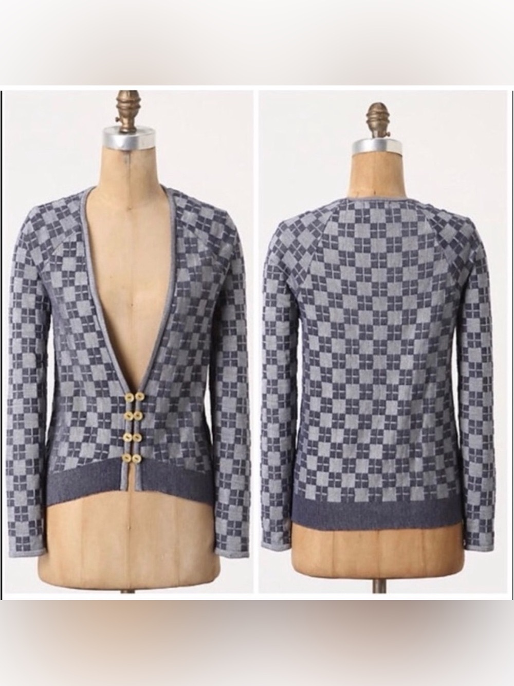 Anthropologie ‘HWR’ Monogram “Checked in” Blue & Grey Cardigan Sweater - Medium